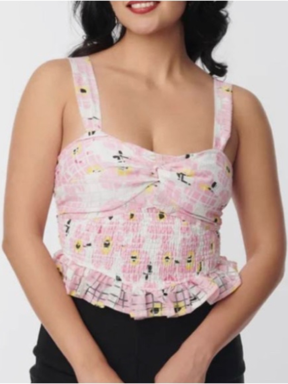 Unique Vintage Size XL Pink & White Floral Print Ruffle Hem Burnout Crop Top